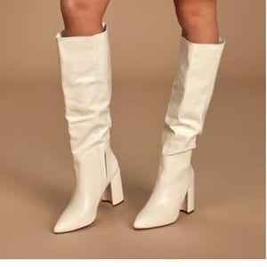 New Katari Off White Pointed Toe Knee High Boots